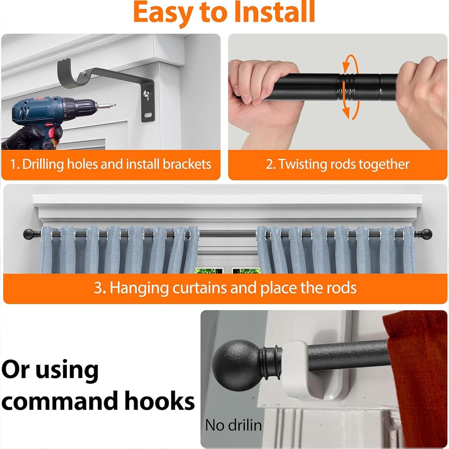 Detalle 2 de Small Window Curtain Rod 28-44 Inch | Heavy-Duty Matte Black Adjustable Splicing Curtain Rods with Brackets