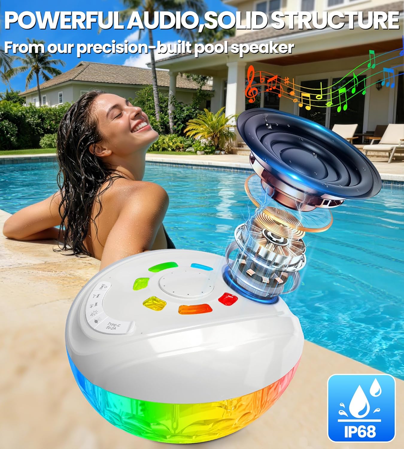 Detalle de Luxfero 3-in-1 Pool-Lautsprecher mit Springbrunnen, Licht und Bluetooth – IP68 Schwimmbox