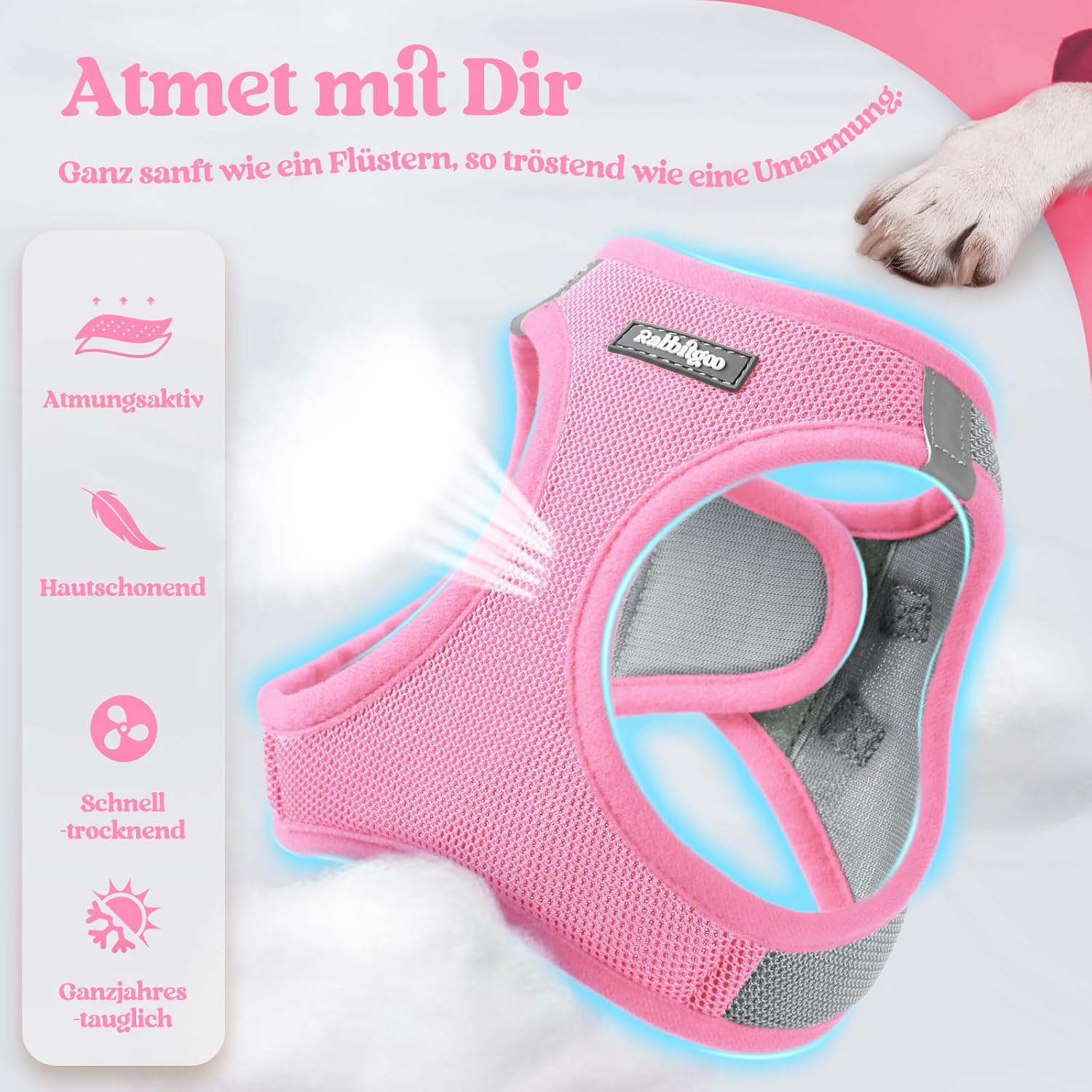 Detalle de rabbitgoo Hundegeschirr Kleine Hunde mit Leine, Step-in Welpengeschirr aus Air-Mesh, Reflektierend, Rosa & Hellgrau, Größe S