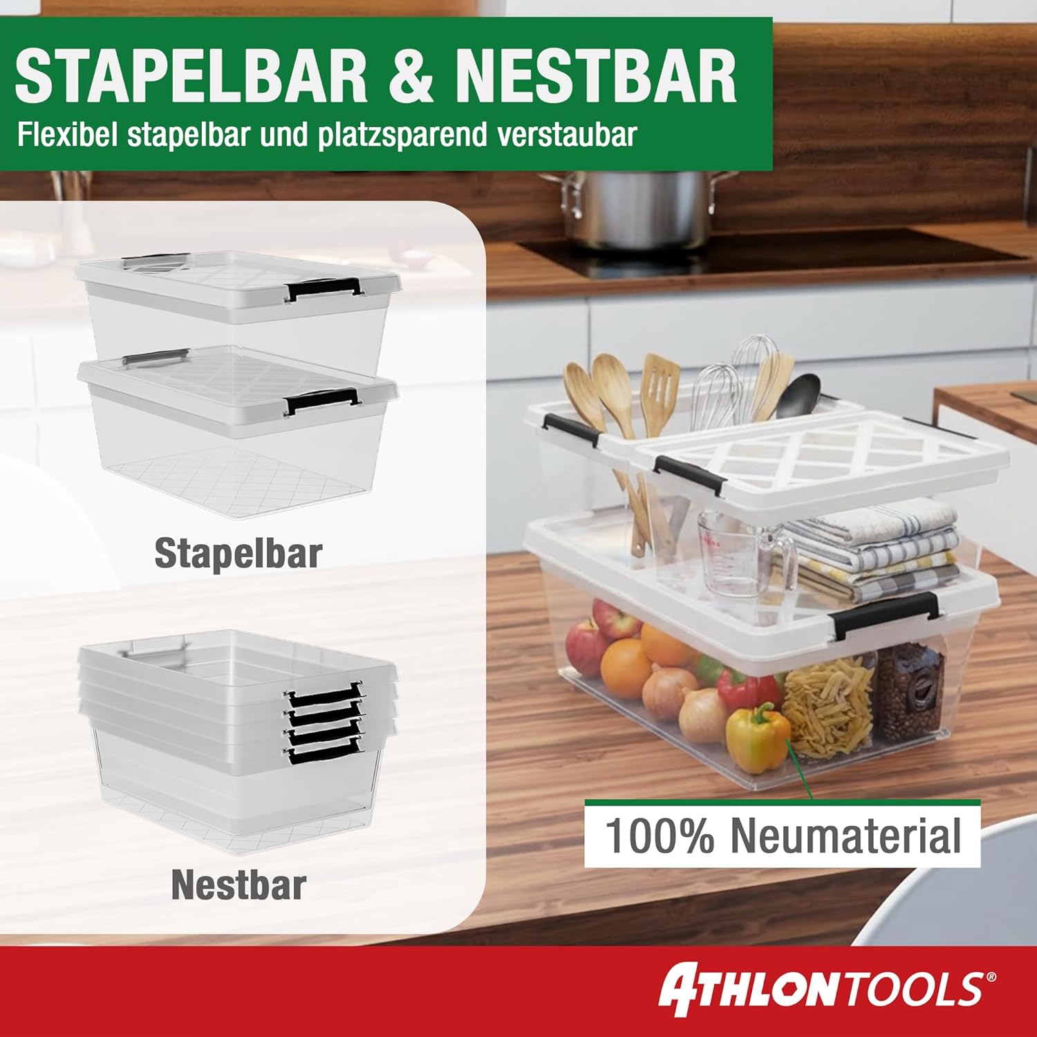 Thumbnail 4 de ATHLON TOOLS 4× 5-L Aufbewahrungsboxen mit Deckel – transparente, lebensmittelechte Plastikboxen stapelbar mit Verschlussclips
