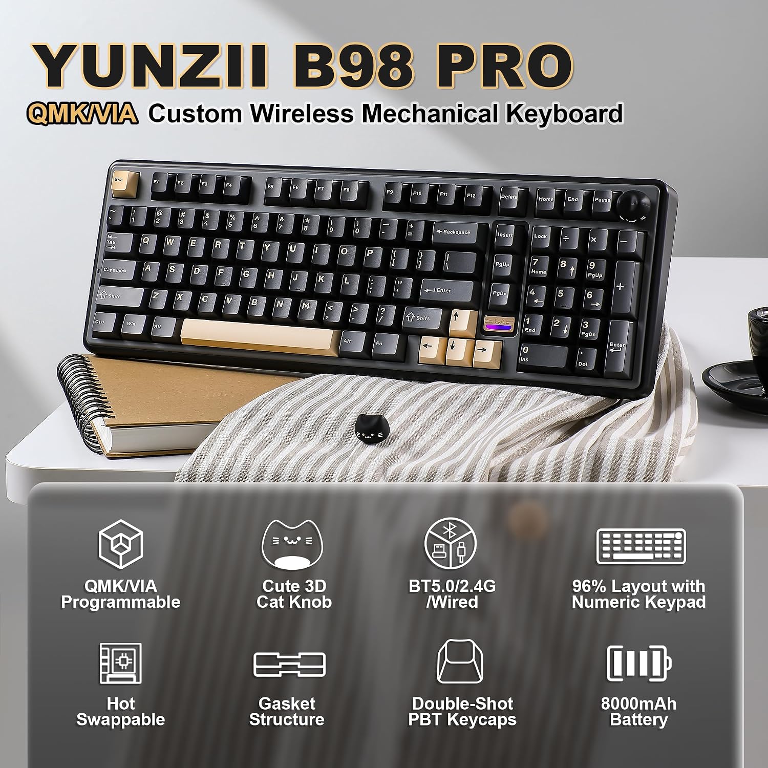 Detalle de YUNZII B98 PRO QMK/VIA Wireless Mechanical Gaming Keyboard: 96% Layout with Numpad, Dual-Style Cat/Metal Knob and Hot-Swappable GPIO