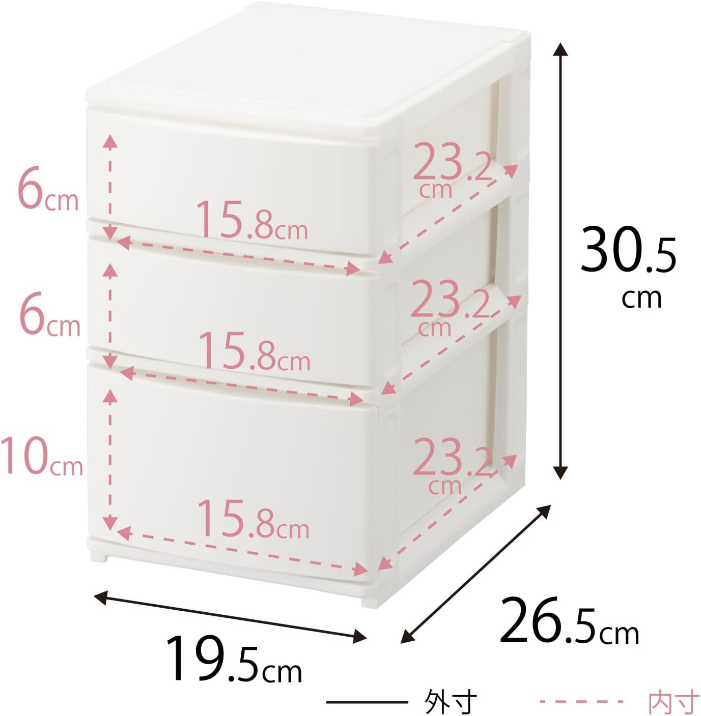 Detalle de サンカ NpdA5-a2f1WH ポスデコ ハーフ収納チェスト 3段・浅型2段/深型1段、ラバーストッパー付き