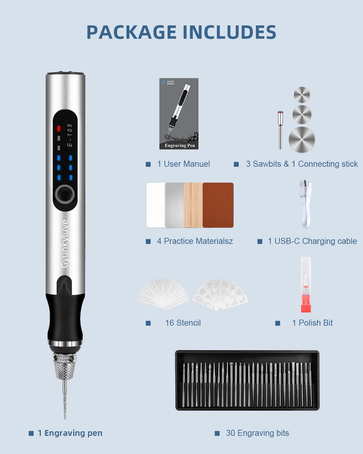 Thumbnail 5 de Gyunkyluve Electric Engraving Pen Wireless Kit with 60+ Accessories (3-Speed, Cordless) - Silver