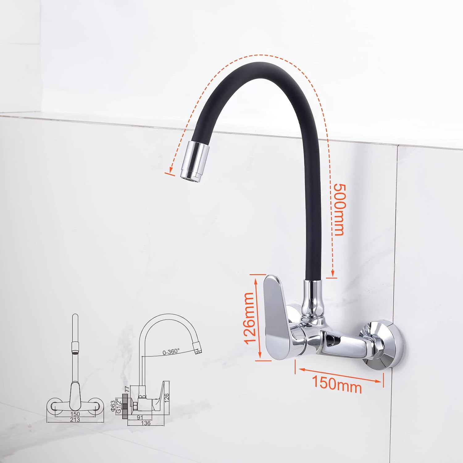 Thumbnail 1 de Ibergrif M16559-2 Wall-Mounted Kitchen Tap, Black, 360° Swivel