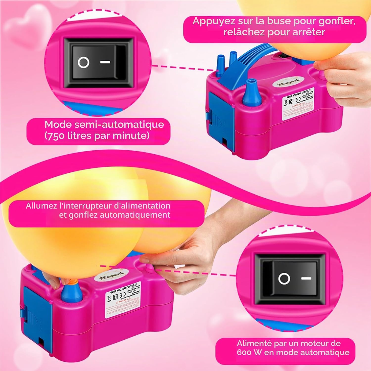 Detalle 2 de FLSEPAMB Pompe à Ballons électrique 600W — Gonfleur portable avec 2 buses et 2 modes