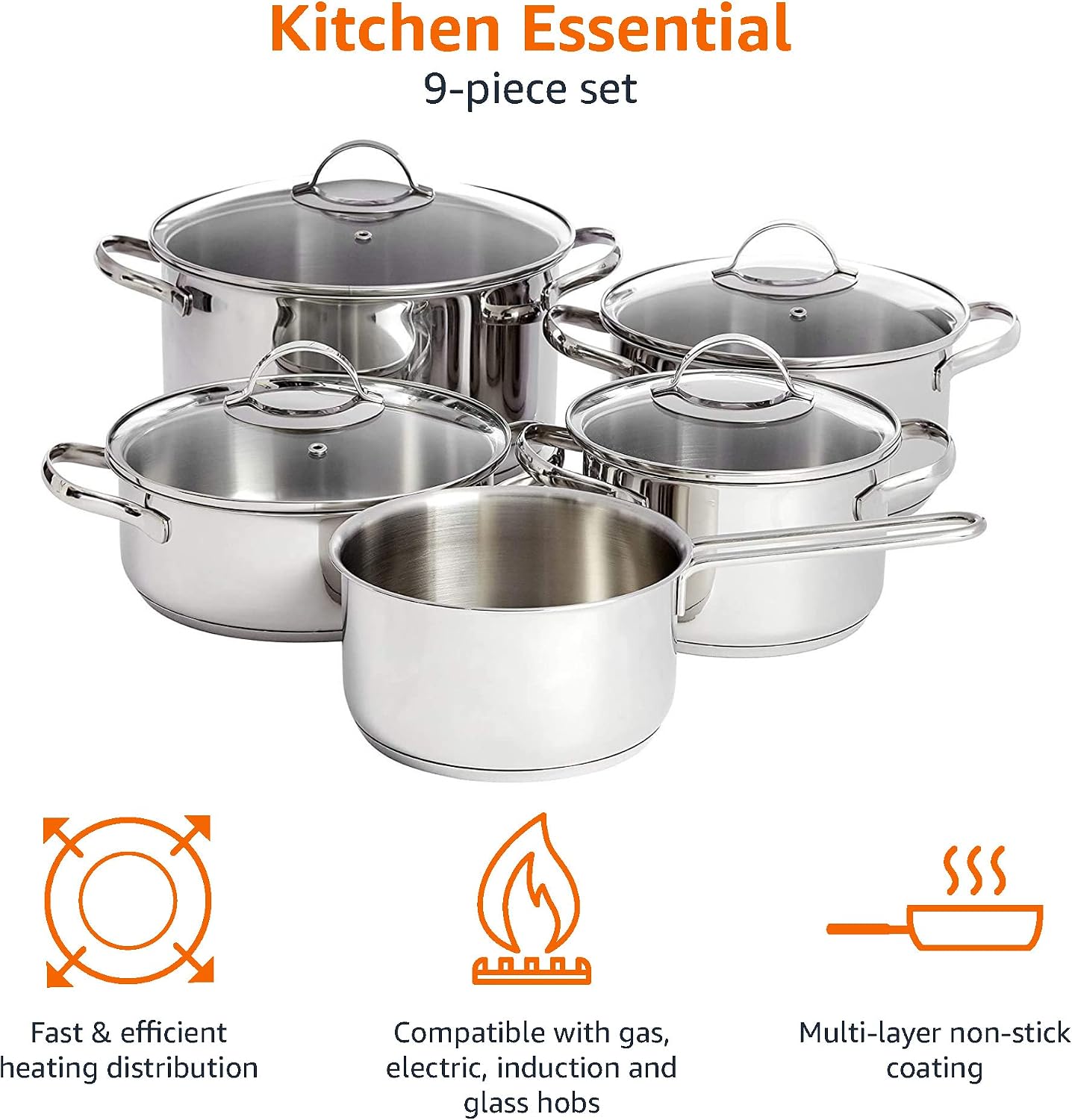 Detalle de Amazon Basics 9-Piece Stainless Steel Induction Cookware Set