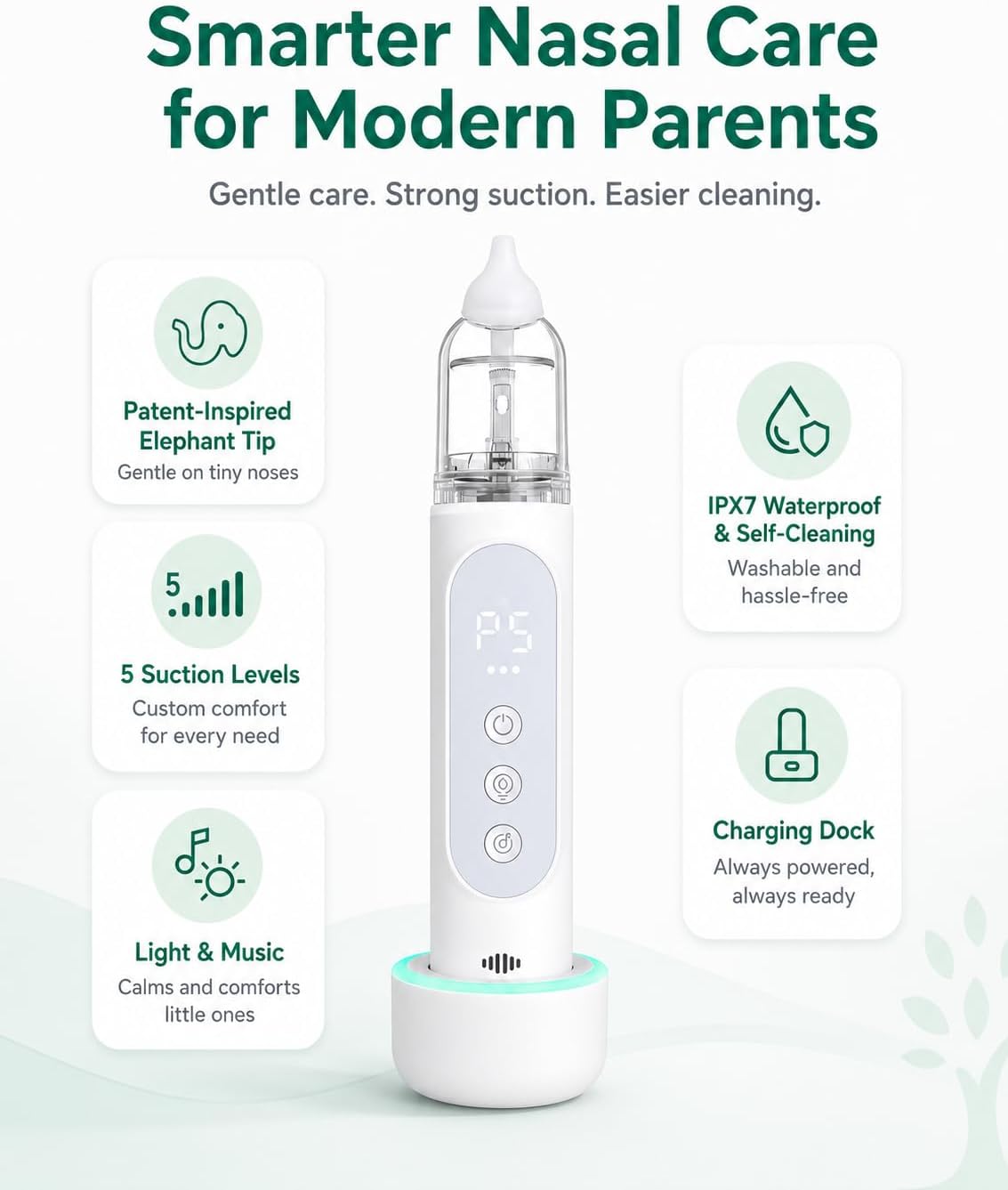 Thumbnail 1 de GROWNSY Nasal Aspirator for Baby – Gentle Elephant-Tip, 5 Suction Levels, IPX7 Self-CCleaning, Docked Charging & Soothing Night Light