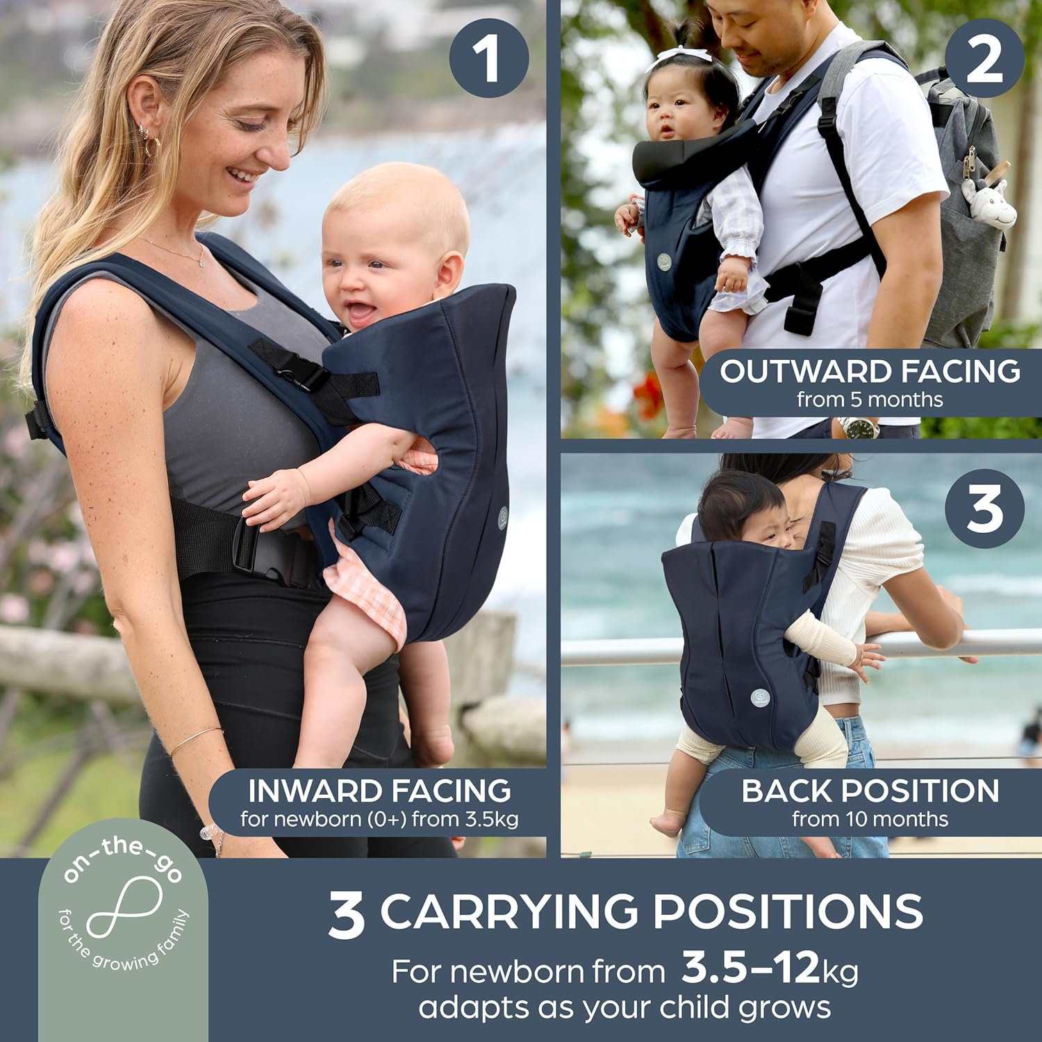 Thumbnail 1 de Dreambaby On-The-Move 3-in-1 Baby Carrier (Facing In, Facing Out, Backpack Carry) – Lightweight & Breathable