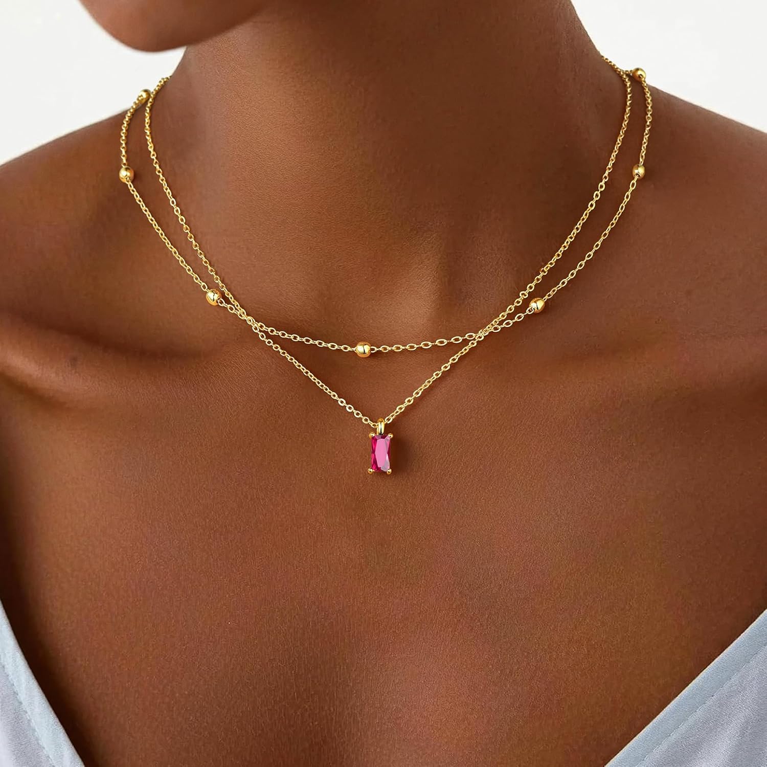 Thumbnail 1 de TINGN Muttertagsgeschenke: Dreireihige Geburtsstein-Kette aus 14K vergoldetem Kupfer – goldfarbene Rechteck-Anhänger, Layered Schmuck