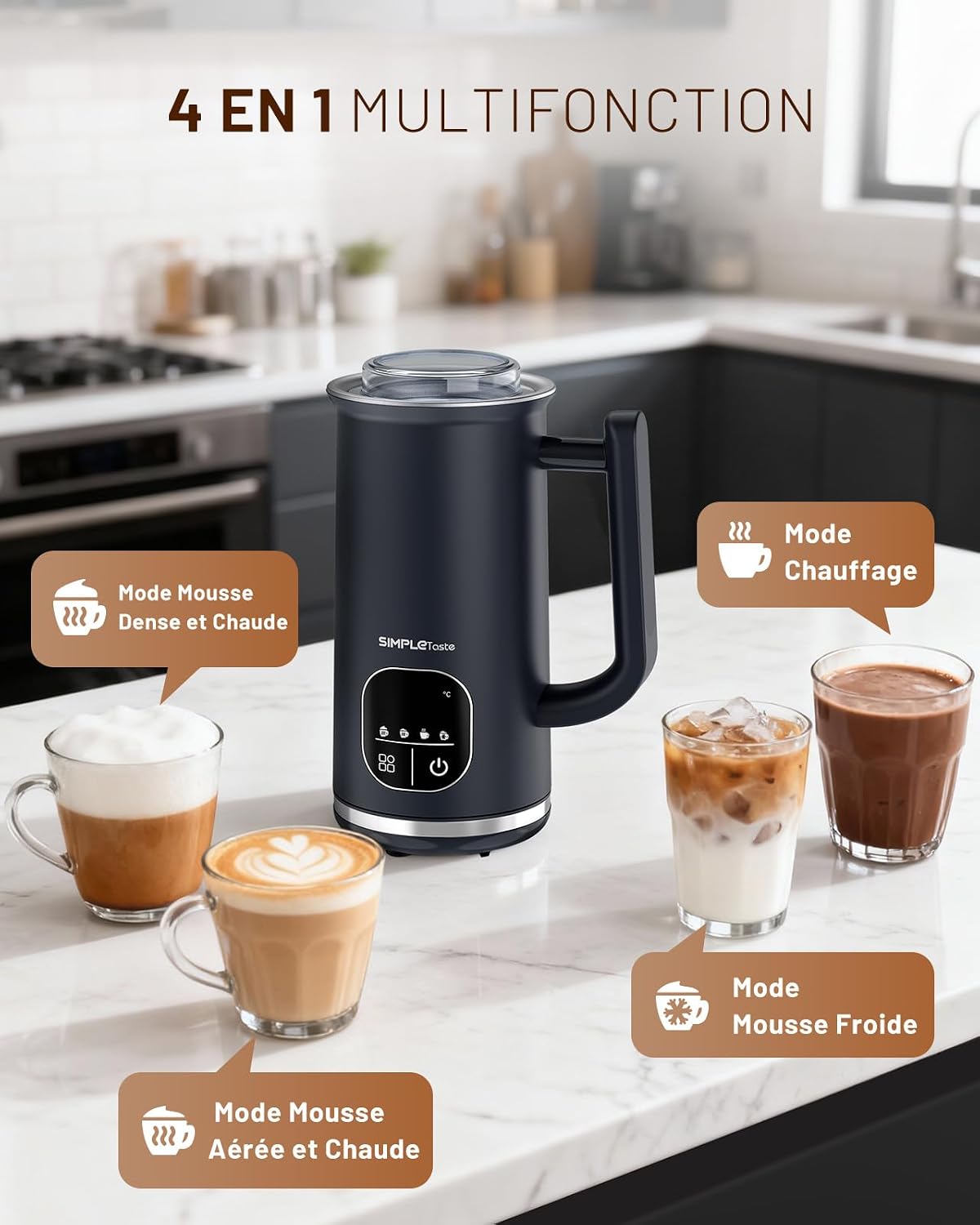 Detalle de SIMPLETASTE Mousseur à Lait Électrique 4-en-1: mousse chaude/froide et latte prêt en 2 minutes