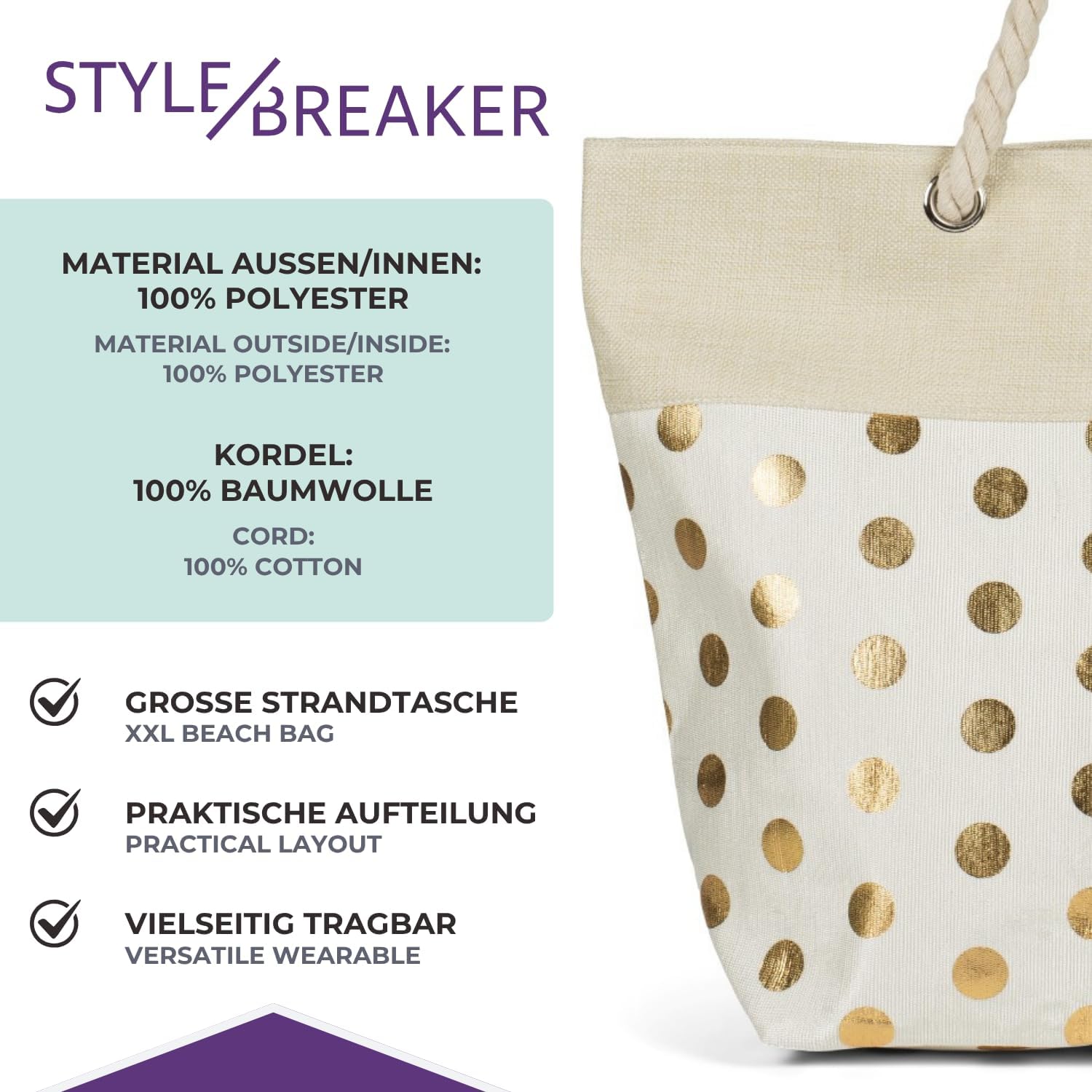 Detalle de styleBREAKER Ladies XXL Borsa da spiaggia grande con motivo a punti metallici e cerniera – zaino versatile per mare e shopping