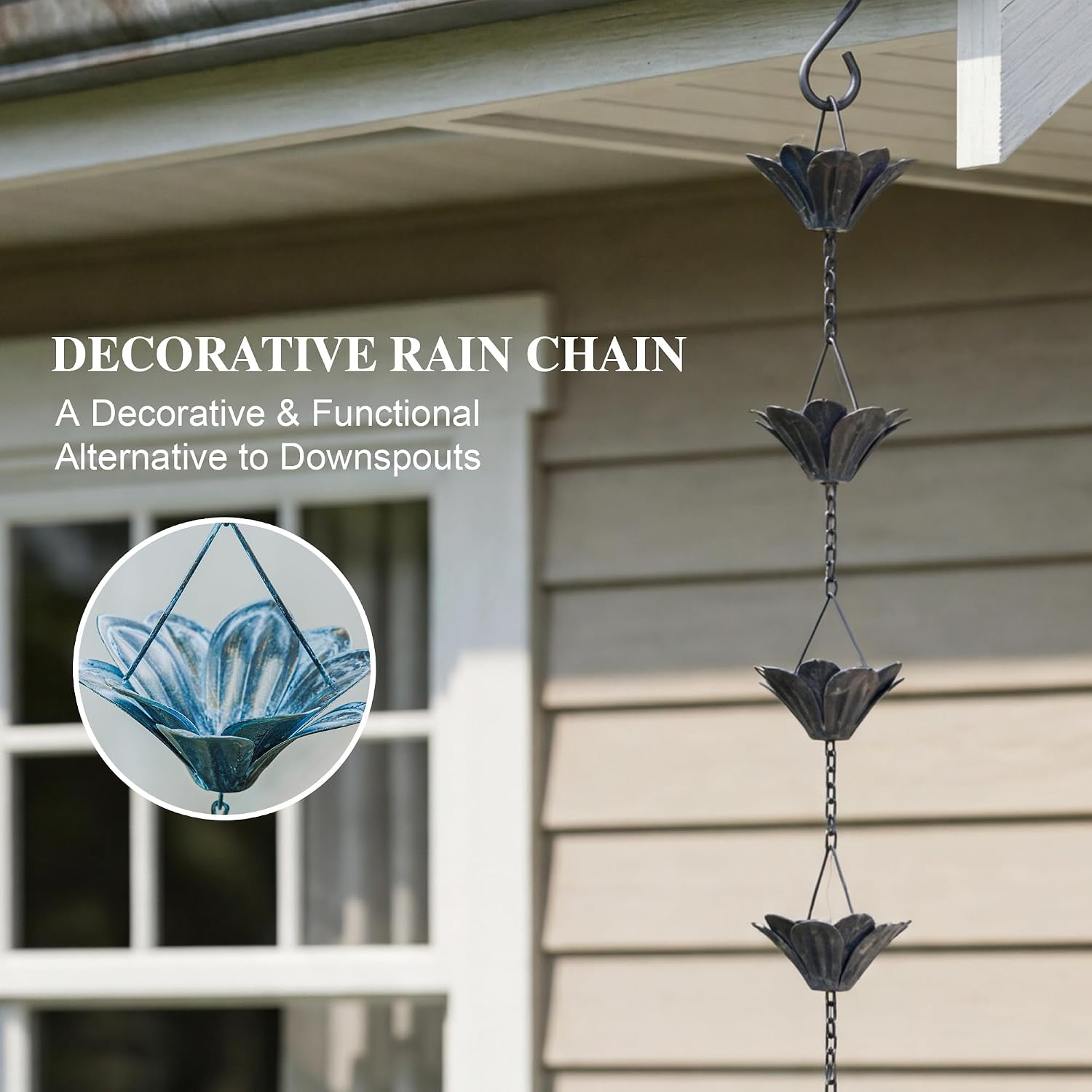 Detalle 1 de Topadorn 8 ft Metal Rain Chain with 12 Lotus Cups, Adjustable Length
