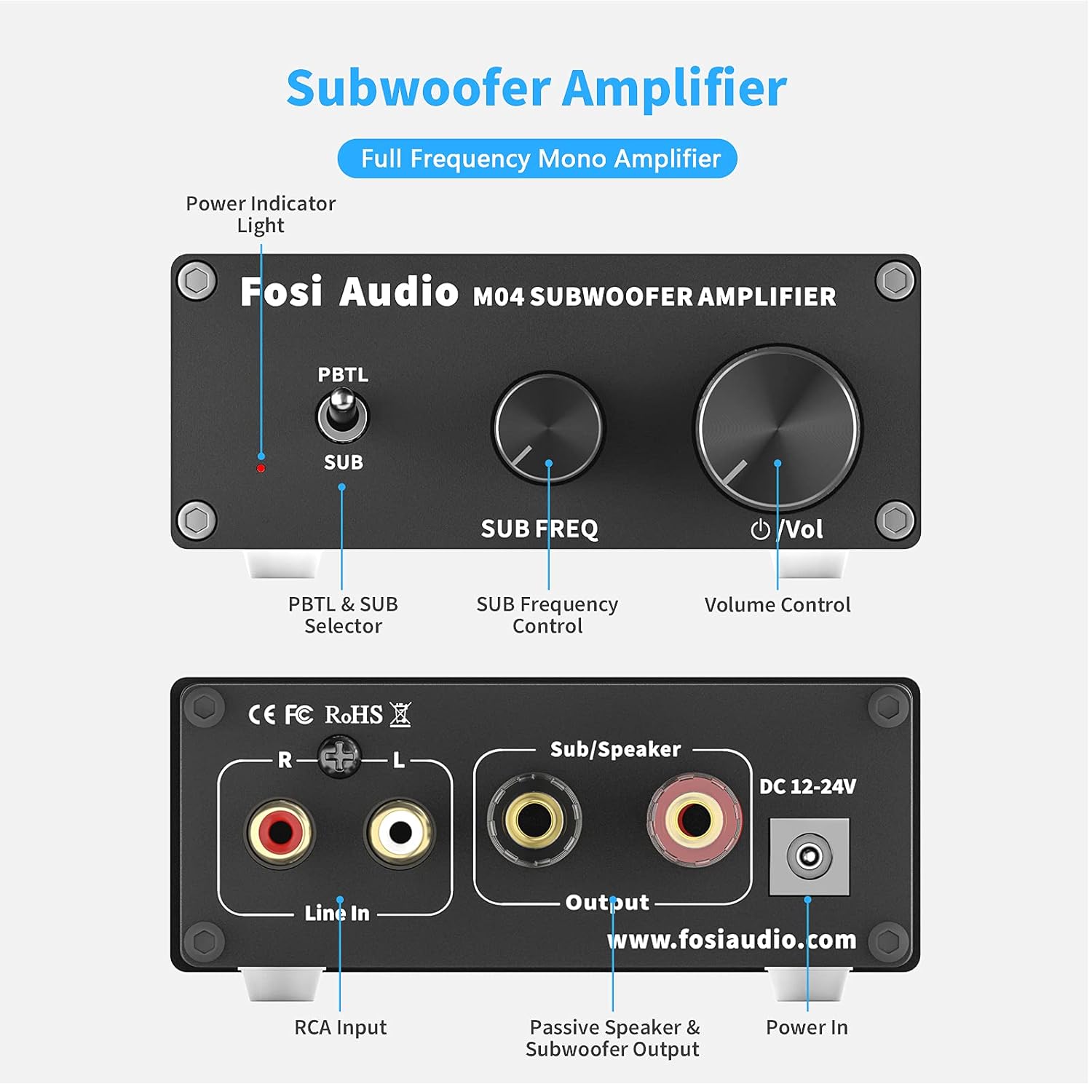 Detalle de Fosi Audio M04 : amplificateur mono de caisson de basses (Classe D, 100 W MAX)
