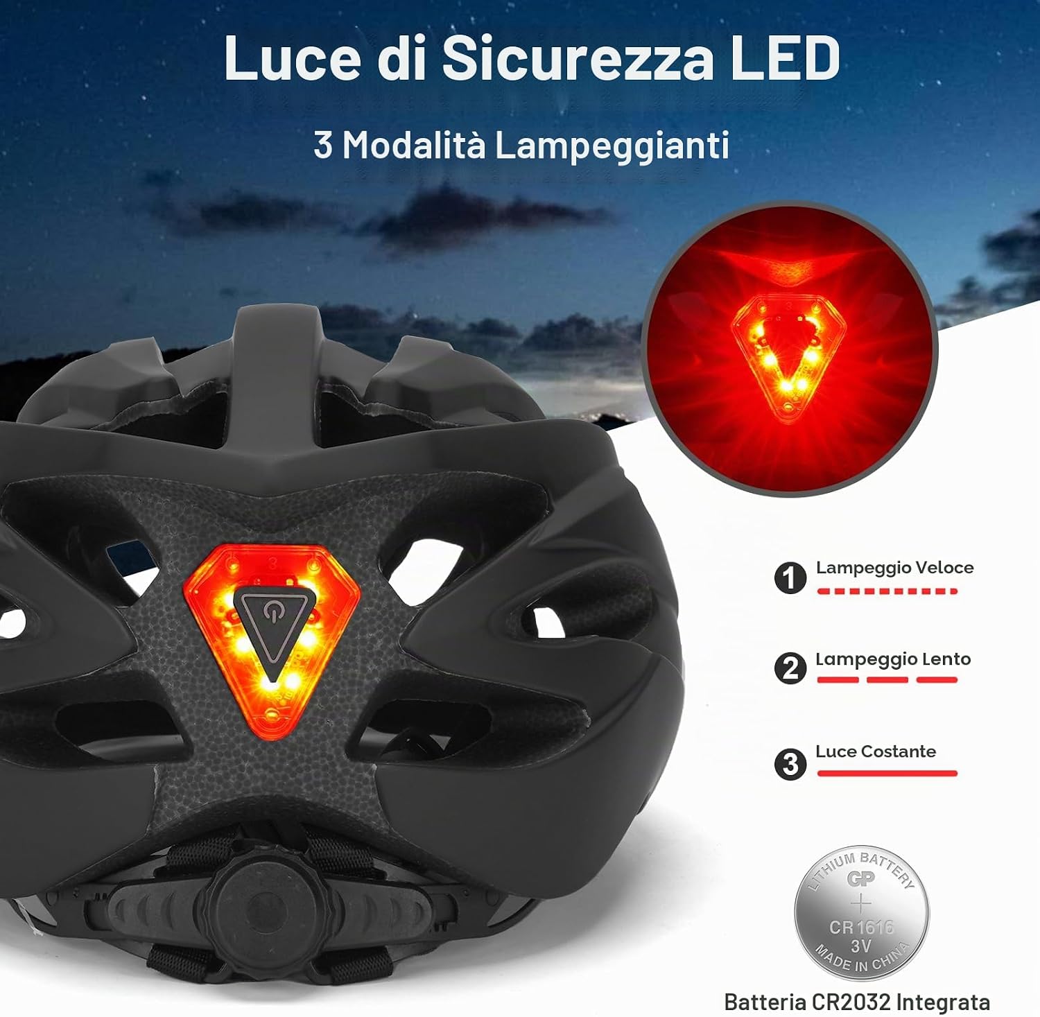 Detalle 2 de Casco da bici da uomo e donna con luce LED, traspirante e visiera removibile – taglia 54–62 cm