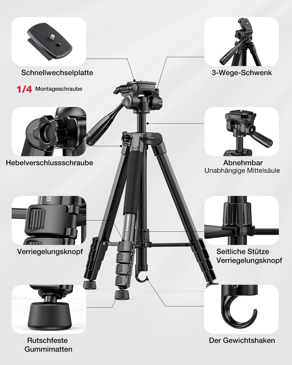Detalle 2 de CAMBOFOTO SAB265B 186 cm Kamera-Stativ & Einbeinstativ (Aluminium) für DSLR, spiegellose Kameras, Handys