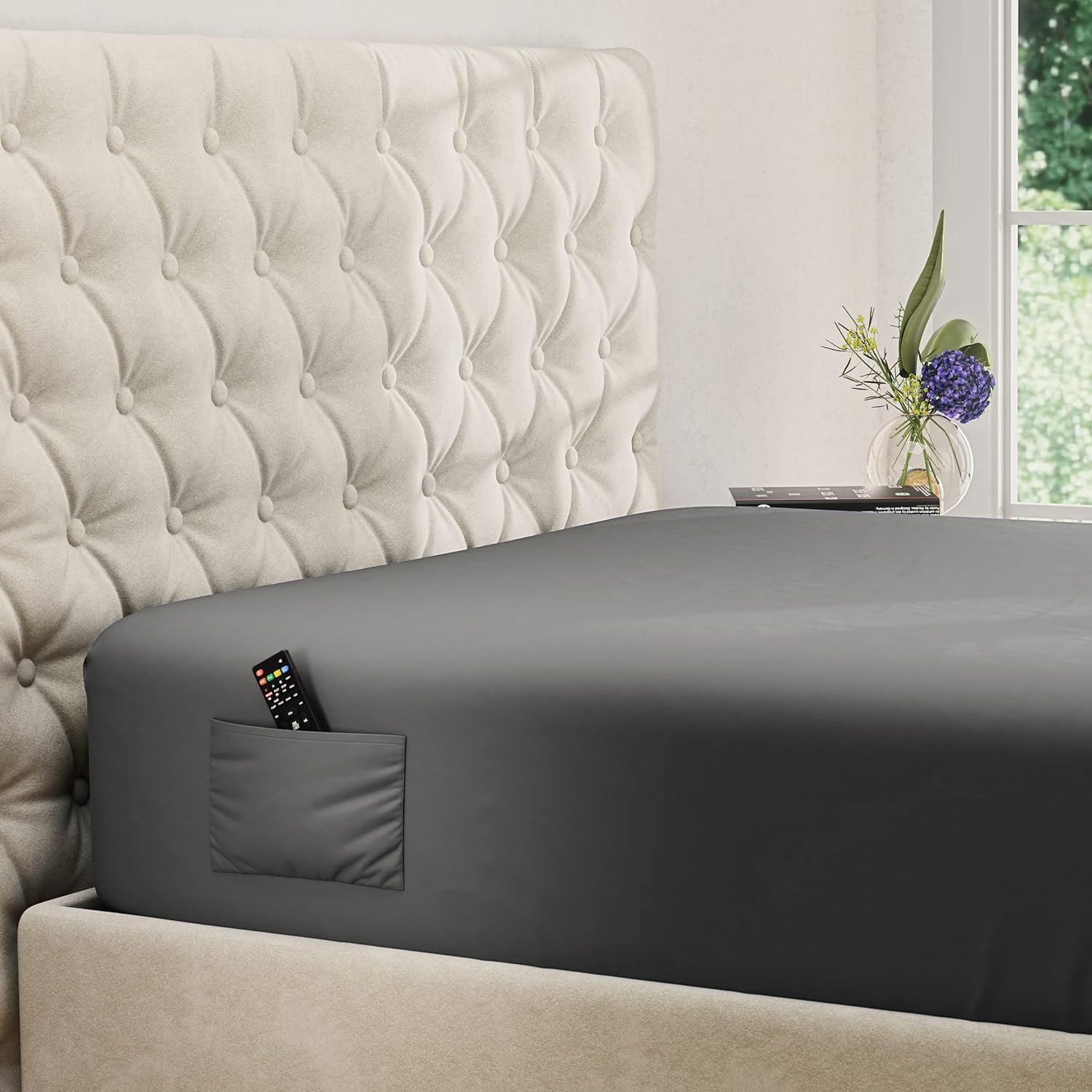 Detalle de DREAMCARE King Fitted Sheet, Dark Grey Brushed Microfiber, Pocket up to 15in