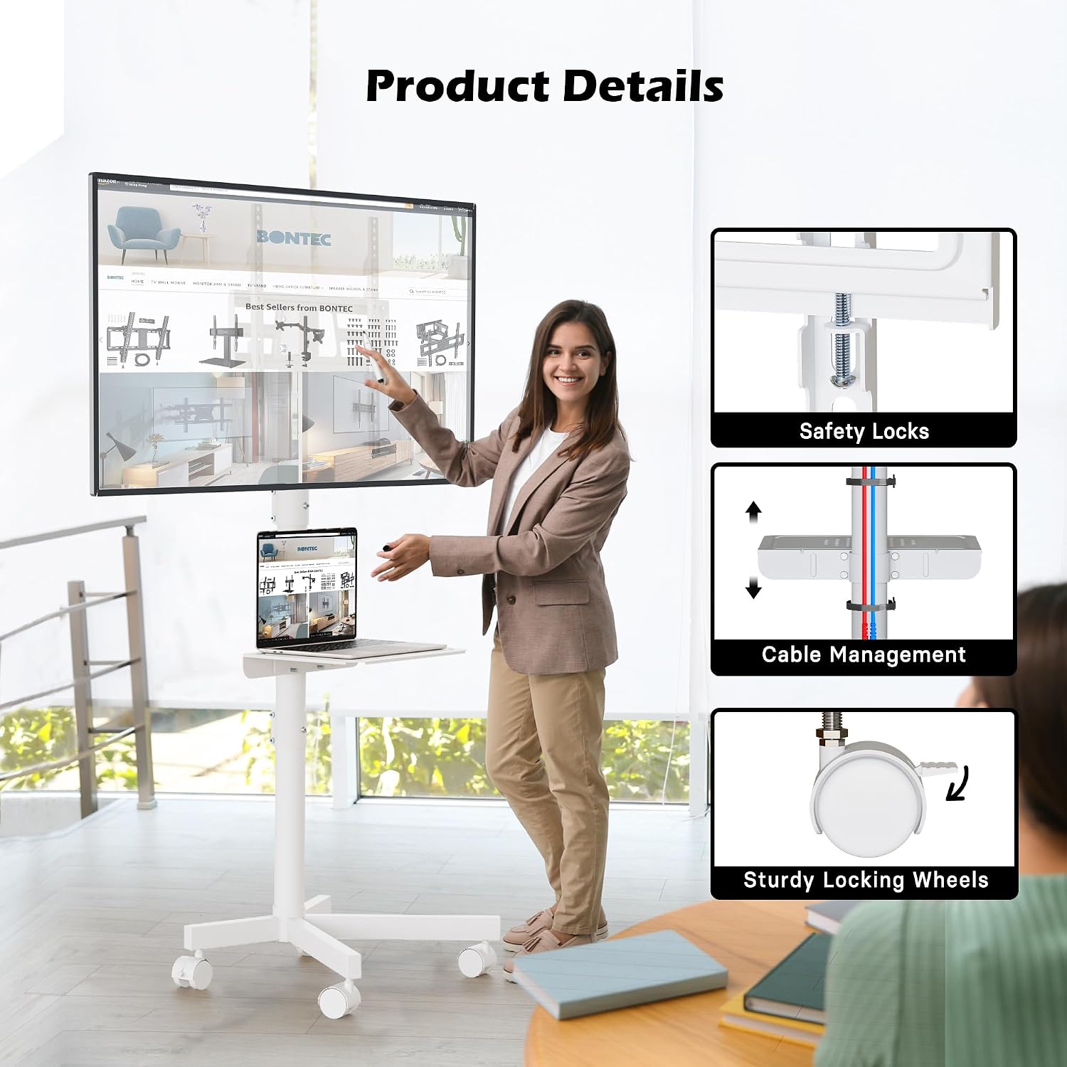 Thumbnail 3 de BONTEC Mobile TV Stand on Wheels for 23–60in TVs (VESA 100×100 to 400×400)