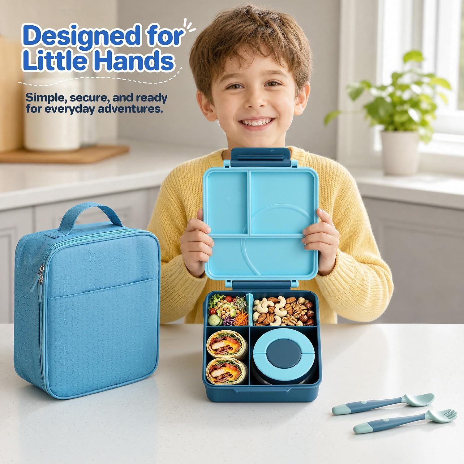 Thumbnail 5 de Kids Bento Lunch Box Set with 8oz Soup Thermo, Leak-Proof 4-Compartment Containers & Insulated Lunch Bag (Blue)