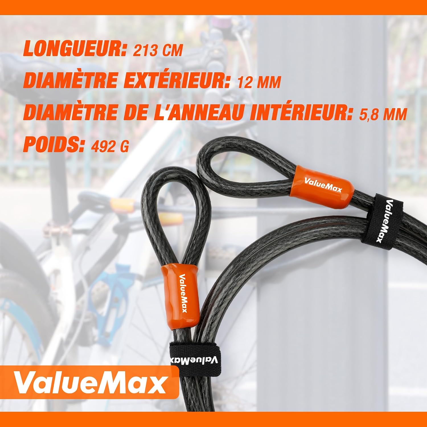 Detalle de ValueMax Câble antivol vélo 213 cm x 12 mm avec double boucle tressée