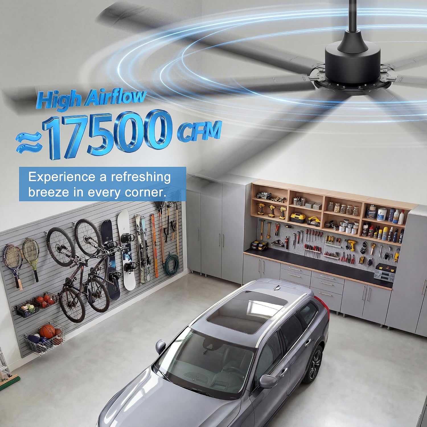 Detalle 2 de Ohniyou GLX049 96-Inch Industrial Ceiling Fan, 7 Aluminum Blades, Remote and App Control