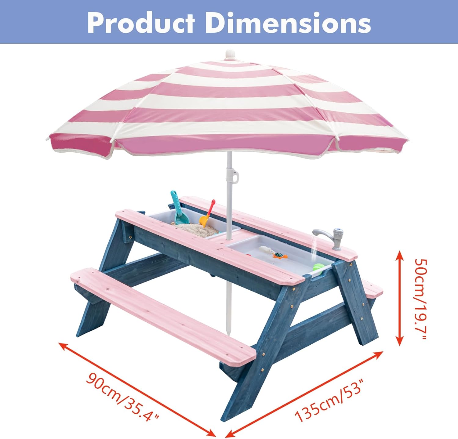 Detalle 2 de K LUCKIDS 3-in-1 Sand & Water Table: Wood Outdoor Picnic Table for Up to 4 Kids