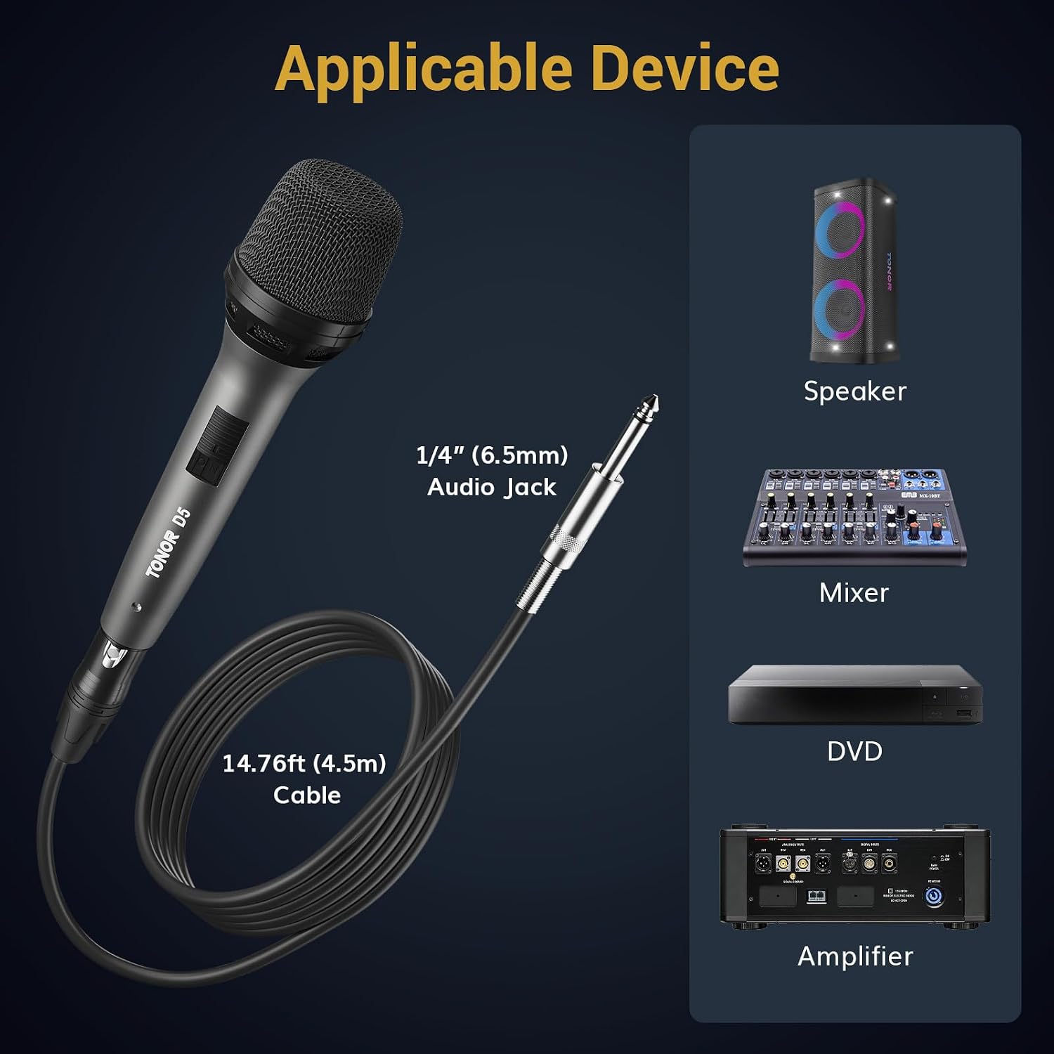 Detalle 1 de TONOR D5 Dynamic Vocal Microphone with 4.5m XLR to 6.35mm Cable