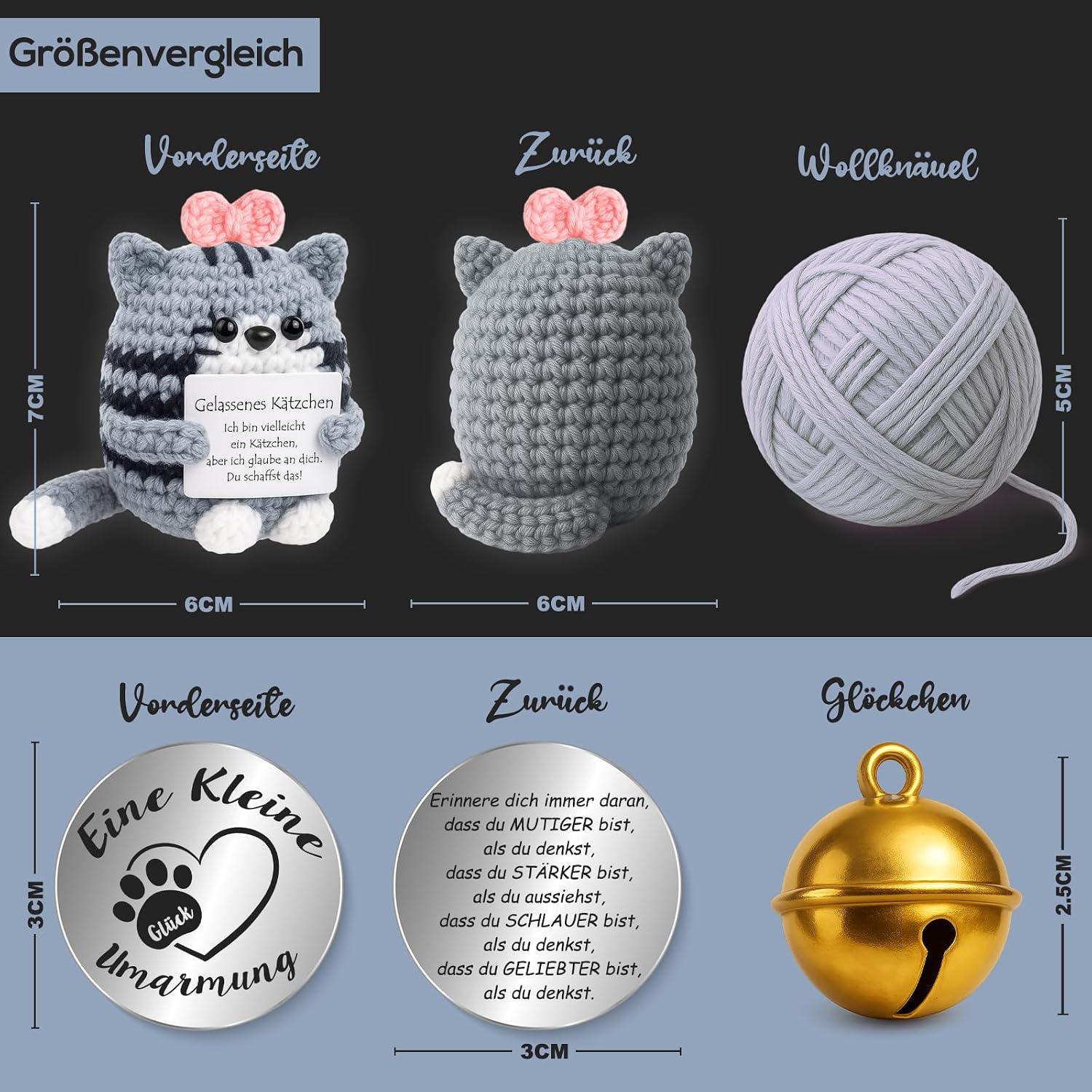 Detalle de Tixlux Pocket Hug Positive Katze – handgefertigte Strick-Katzen Dekofigur mit Glücksbringer für Mitbringsel