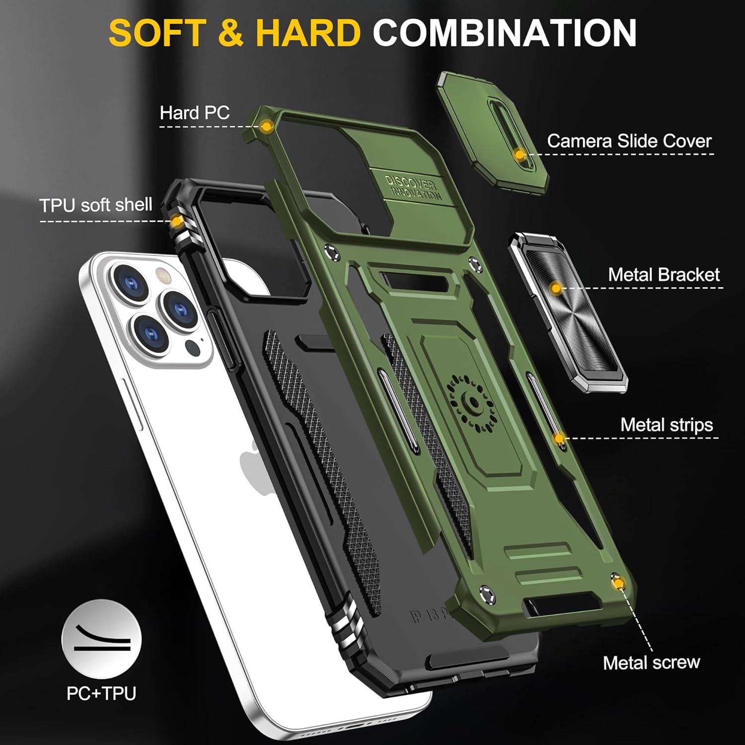 Thumbnail 6 de Jshru iPhone 13 Pro Max Case with Screen Protector (2 Pack) – Olive Green with Slide Camera Cover & 360° Kickstand