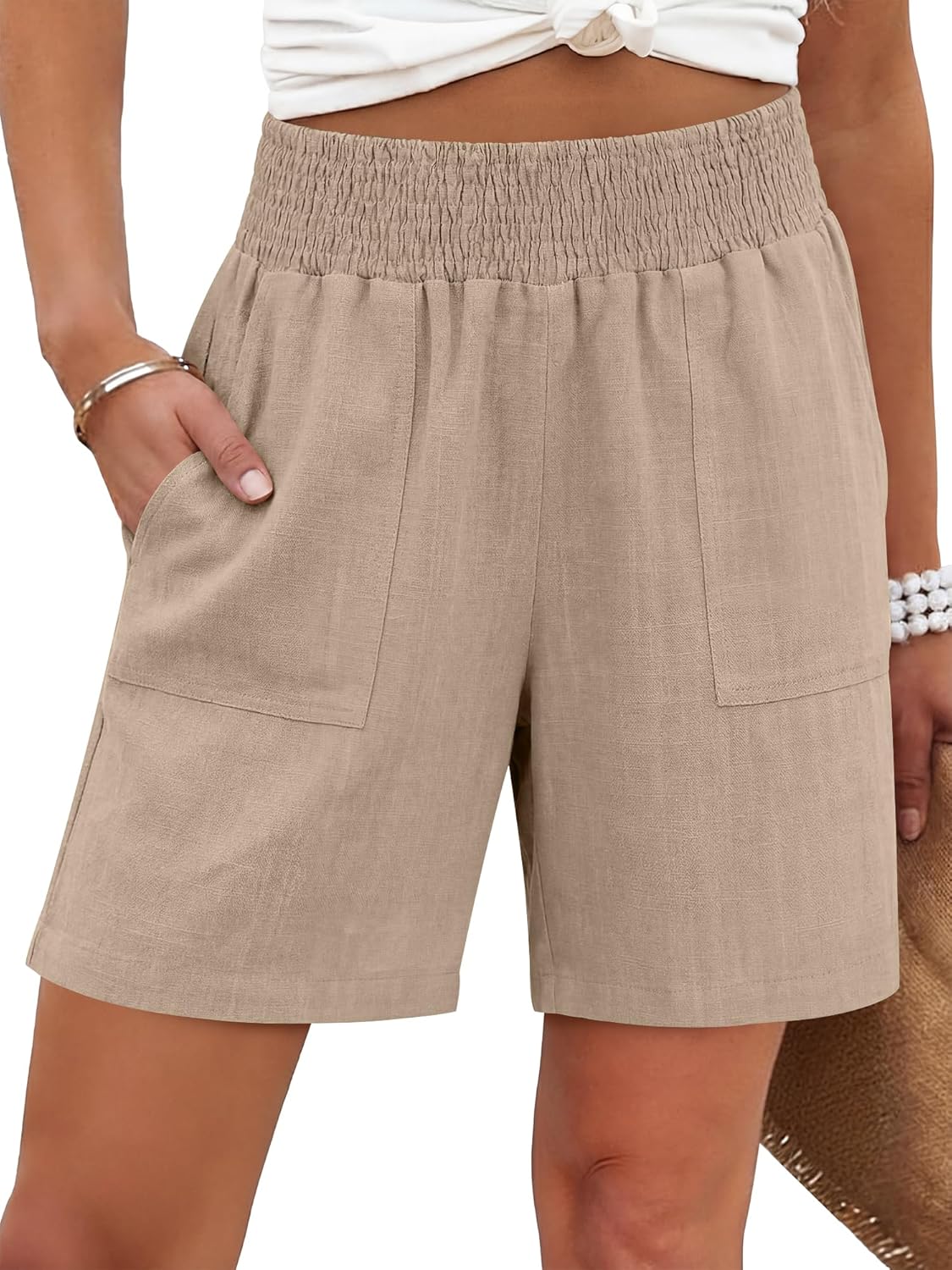 Detalle de ANRABESS Linen Shorts for Women – High-Waisted, Wide-Leg Casual Summer Shorts with Pockets