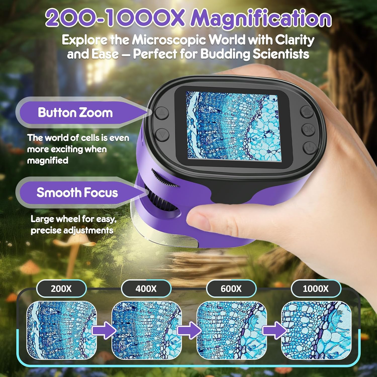 Thumbnail 1 de 1000X Microscopio Digitale Portatile per Bambini - Kit di Vetrini, Schermo 4K 2,0" e Ricaricabile
