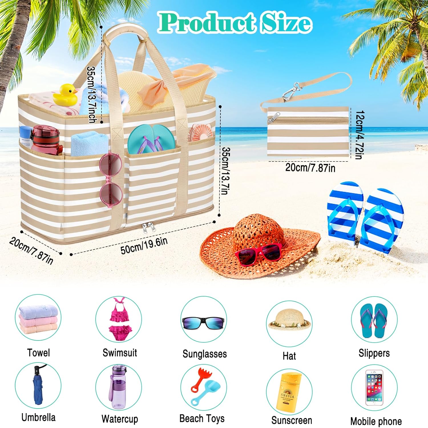 Detalle de JUYANO Extra Large Beach Bag for Women with Zip, Waterproof 45L Tote with Wet Compartment