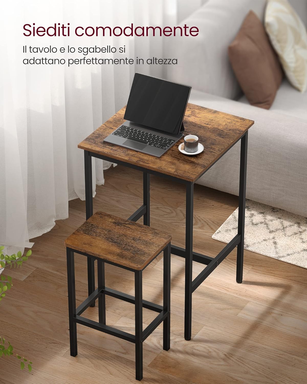 Detalle de VASAGLE Tavolo Bar con 2 Sgabelli – Set cucina compatto 60x60x90 cm, Marrone Vintage e Nero LBT017B01