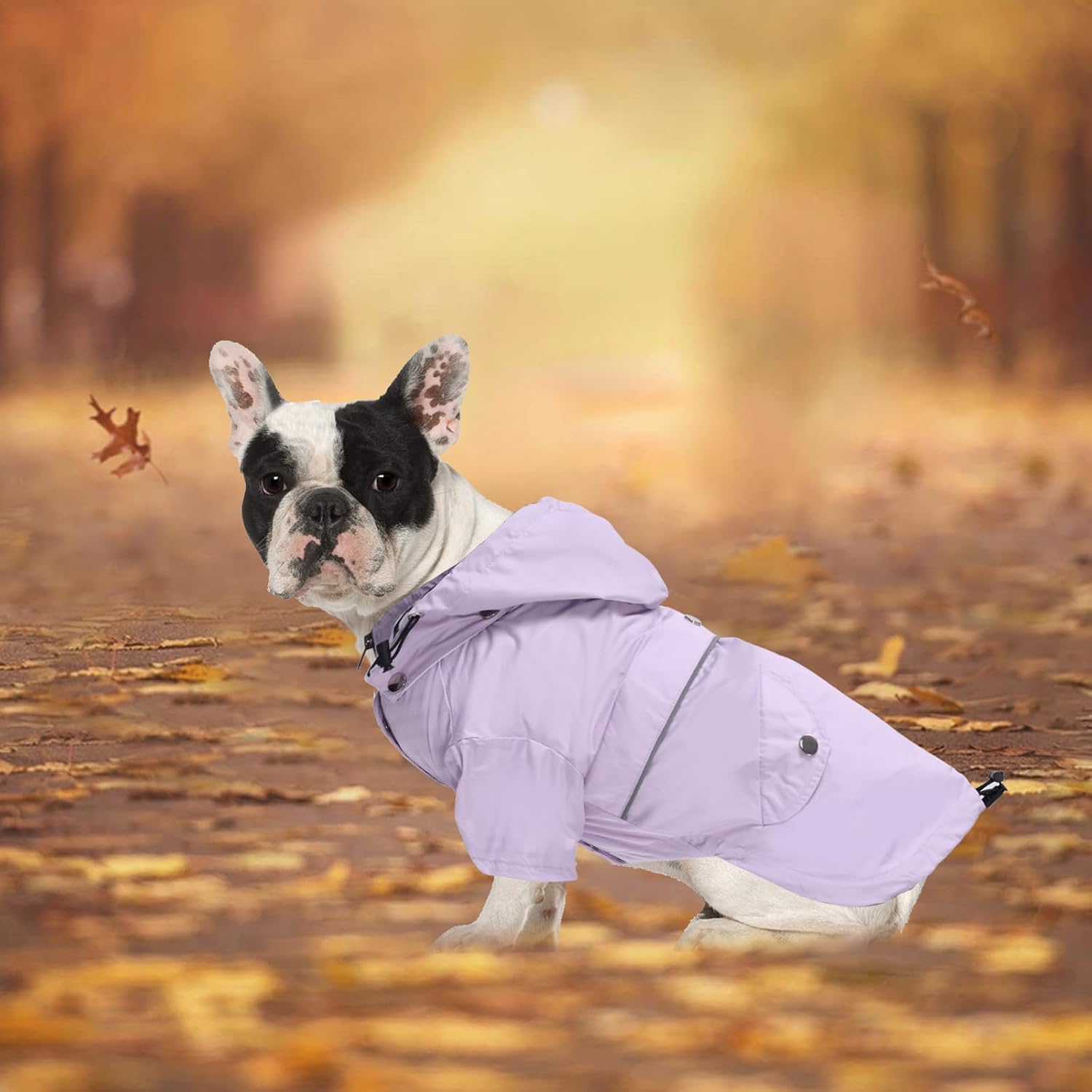 Detalle de Morezi Dog Zip Up Raincoat with Reflective Buttons – Purple, Medium (4kg–36kg) for Small to Medium Dogs