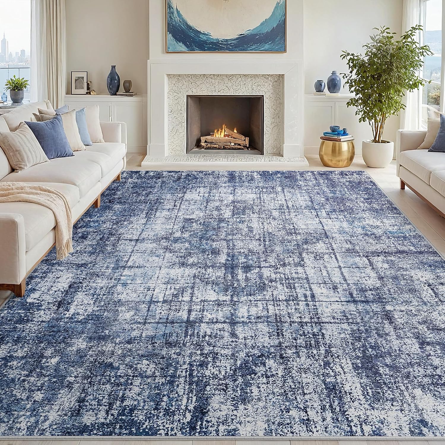8x10 Washable Area Rug Navy Light Gray