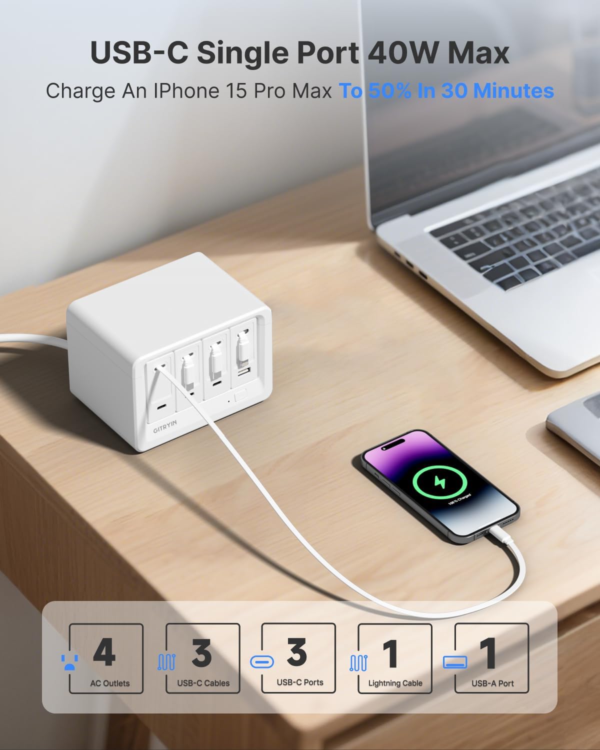 Detalle de Gitryin 12-in-1 Desktop Charging Station: 3 Retractable USB-C Chargers + Lightning, 160W Hub