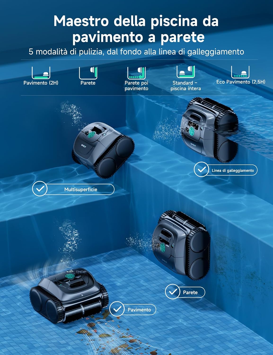Detalle de WYBOT C1-P: Robot piscina senza fili 4-in-1 per piscine fuori terra, NAV+ App, 155 m²