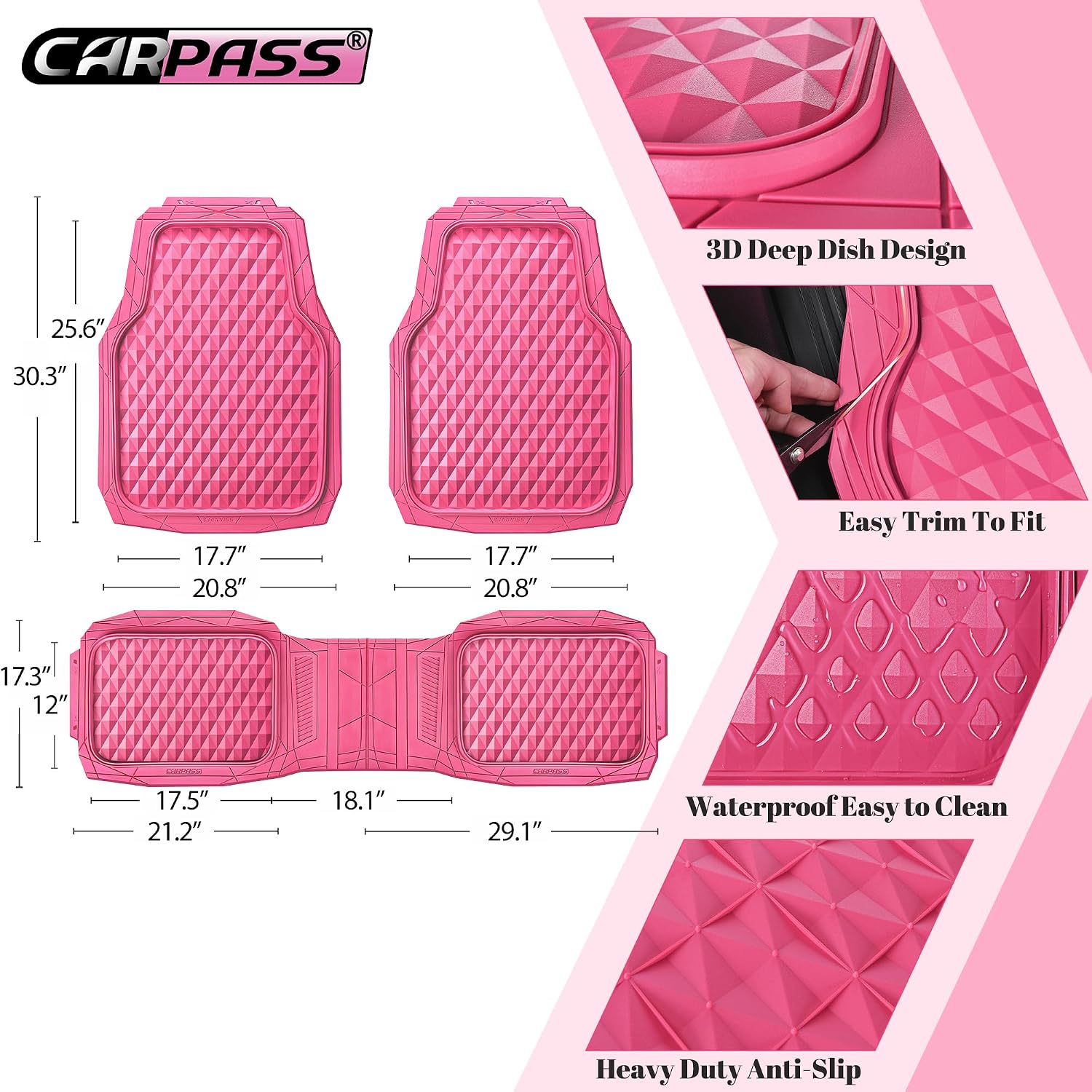 Detalle de CAR PASS Heavy Duty Rubber Pink Floor Mats 3 Pc