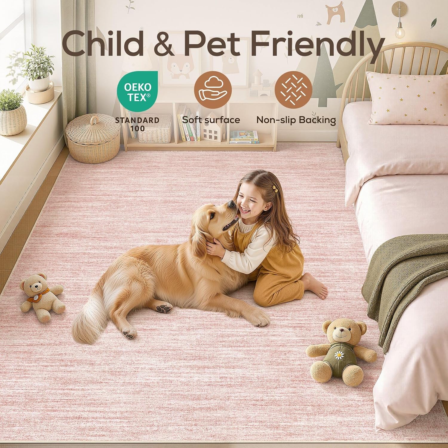 Thumbnail 3 de Nakagishi Neutral 10' x 12' Pink Washable Area Rug, Low-Pile Polyester