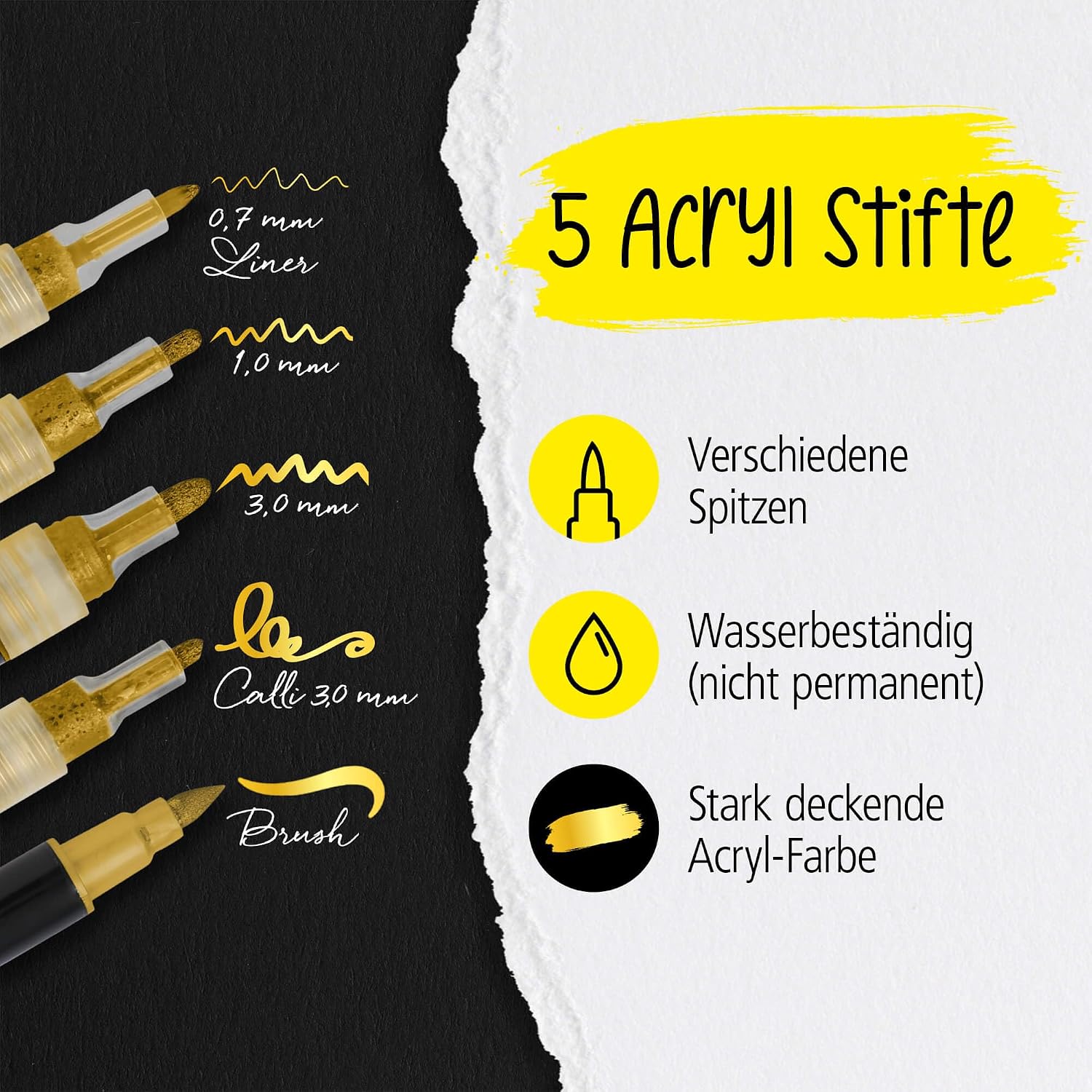 Detalle 2 de Online 5er-Set Acryl Stifte Gold – deckend für Handlettering, Brush Pen, Fineliner & Kalligrafie