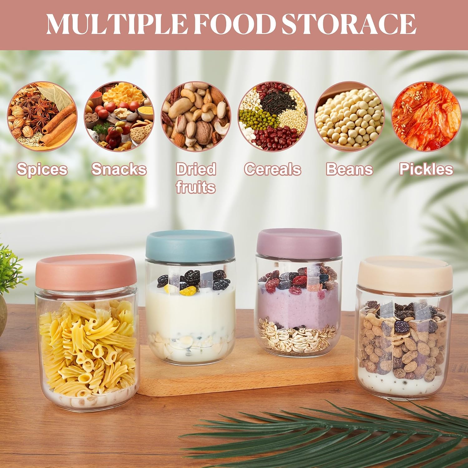 Detalle de ACOMTUO 6-pack overnight oats-burkar i glas, 500 ml med skruvlock