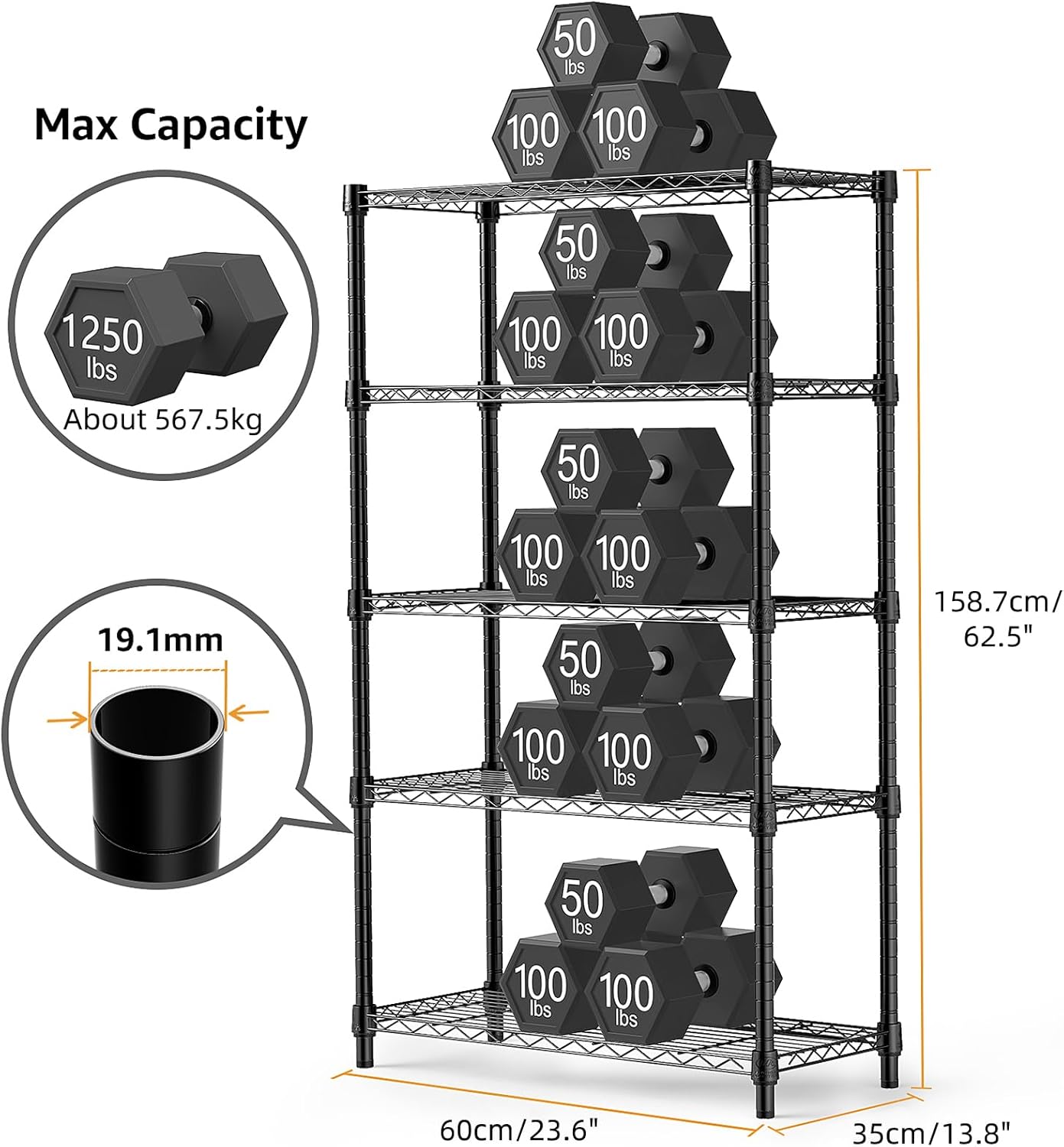 Thumbnail 2 de M MZG 1250 lbs 5-Tier Steel Storage Shelving Unit (13.7"D x 23.6"W x 62.4"H) Wire Rack Organizer