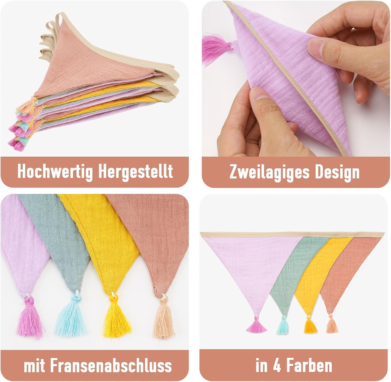 Thumbnail 2 de jijAcraft Wimpelkette für Kinderzimmer mit Quasten (Musselin), 2,8 m, gelb rosa – doppelseitig