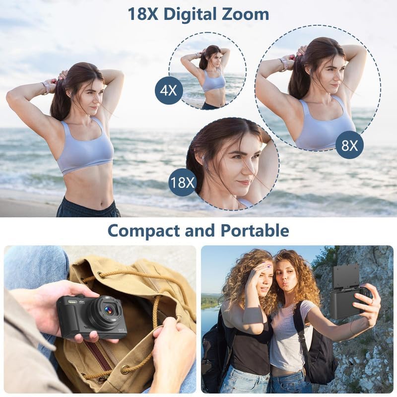 Detalle 2 de Gavonde WD08 4K Digital Camera, 64MP, 180° Flip Screen, 18x Digital Zoom