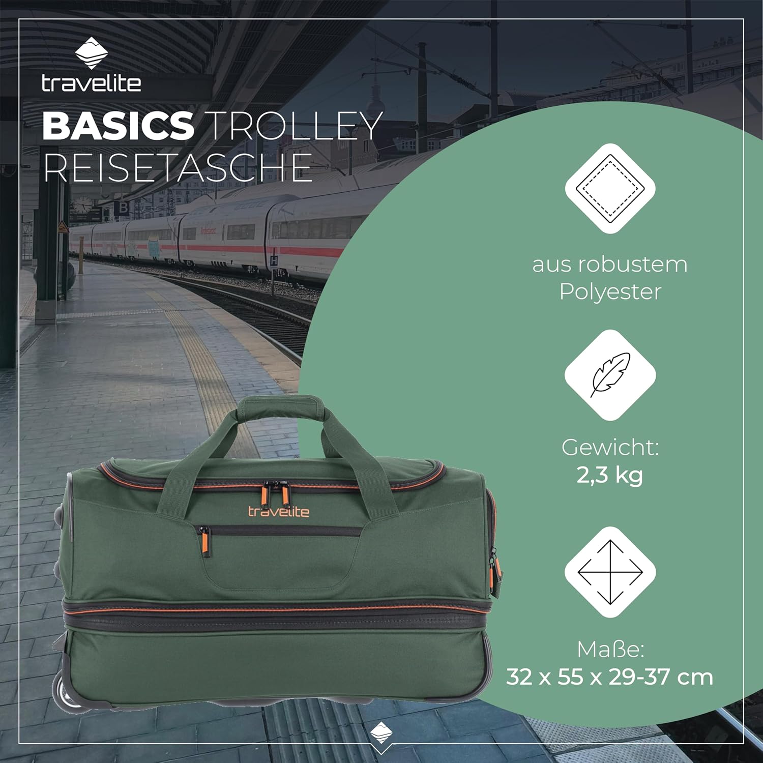 Detalle de travelite Travelite Trolley Reisetasche mit Rollen „Basics“ mittelgroß, erweiterbar (55 cm) – 51–64 Liter