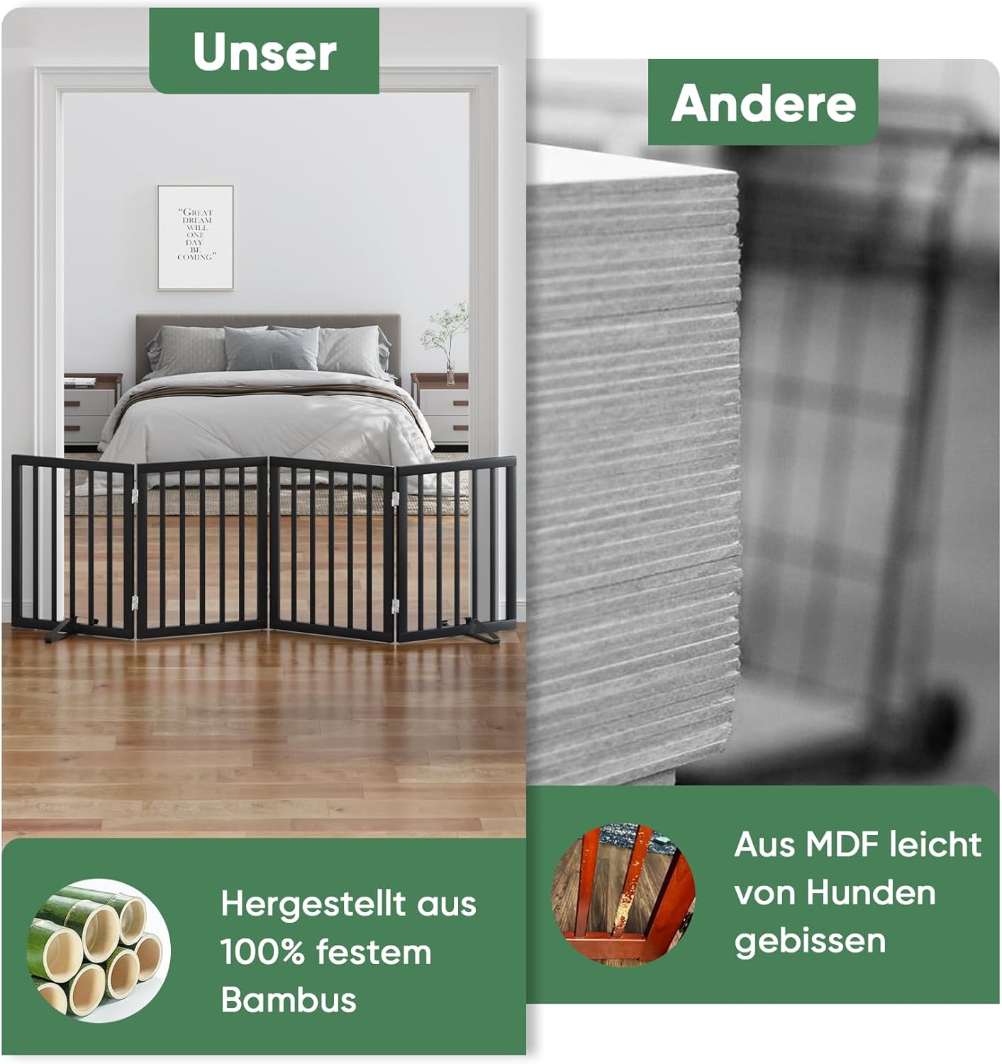 Detalle 2 de Hundegitter für Türen – Faltbares Innen-Gatter aus Massivholz, 4 Paneele, mit Metallstützfüßen (Schwarz)