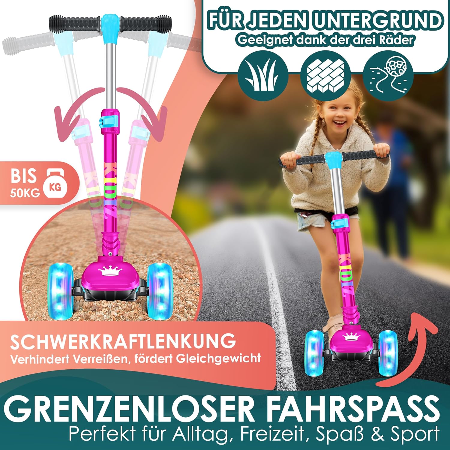 Detalle de KIDIZ Roller Kinder Scooter X-Pro2 – 3-Rad Cityroller mit klappbarem Lenker, LED-Rädern und höhenverstellbarem Trittbrett