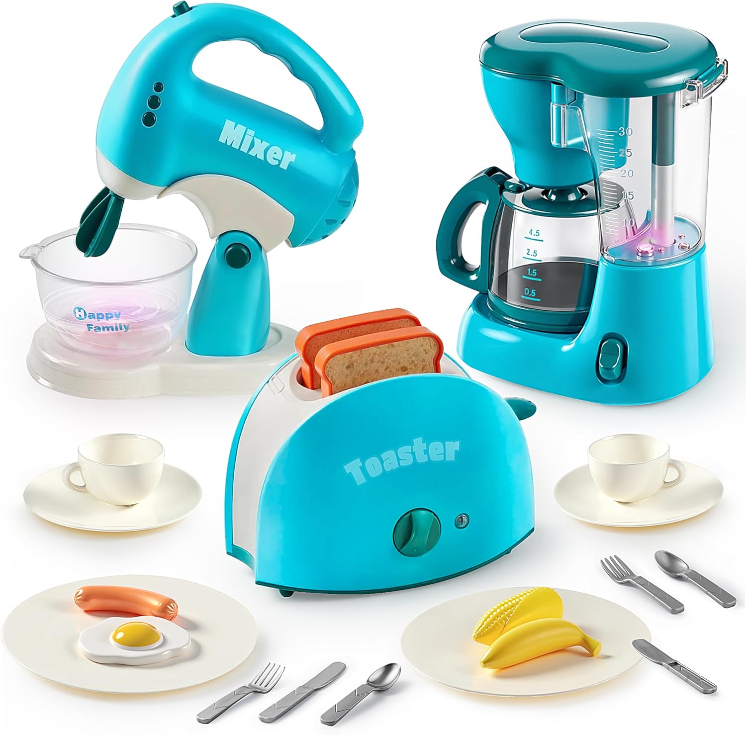 JOYIN Educational Kitchen Toy Set for Kids – Blue, with Coffee Machine, Toaster & Mixer (30+ pieces)
