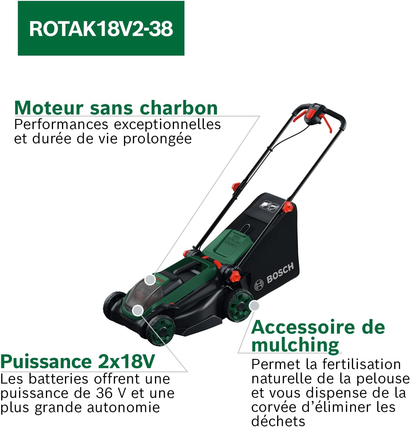 Thumbnail 2 de Bosch Tondeuse à Gazon sans-Fil ROTAK18V2-38 (38 cm) – 2 batteries 18V et chargeur, mulch possible