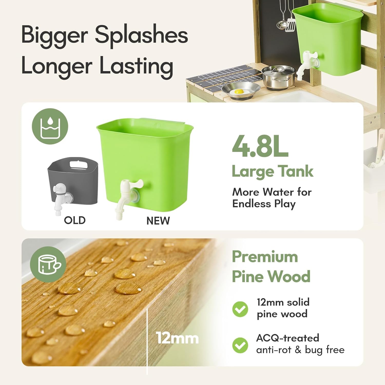 Detalle de Giant Bean Mud Kitchen for Kids Outdoor: Wooden Play Kitchen with 4.8L Water Tank
