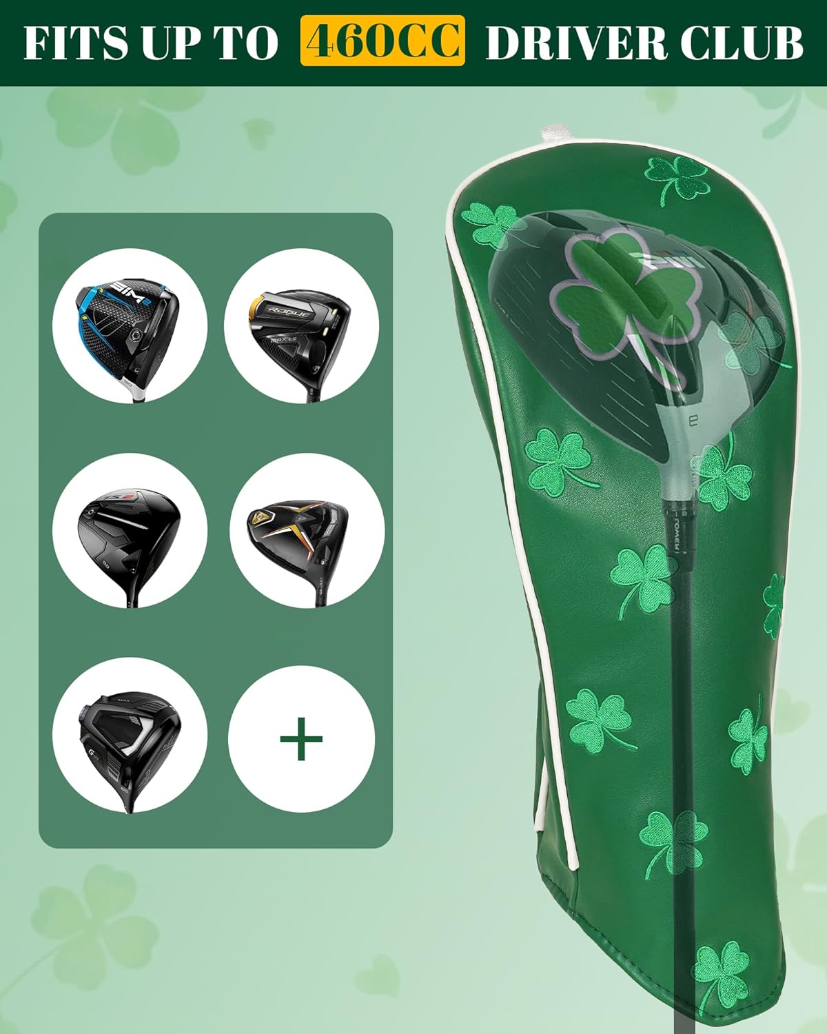 Thumbnail 3 de Golf driver head covers (460cc) with elastic closure, green clover embroidery PU leather lining